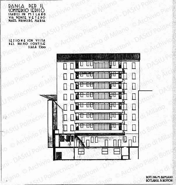 Banca per il Commercio Serico, stabili in Milano via Ponte Vetero, piazzale Principessa Maria, sezione con vista del primo cortile, scala 1:100, prot. 1736, s.d. Matita e china su lucido, cm 64,2x60,5. 