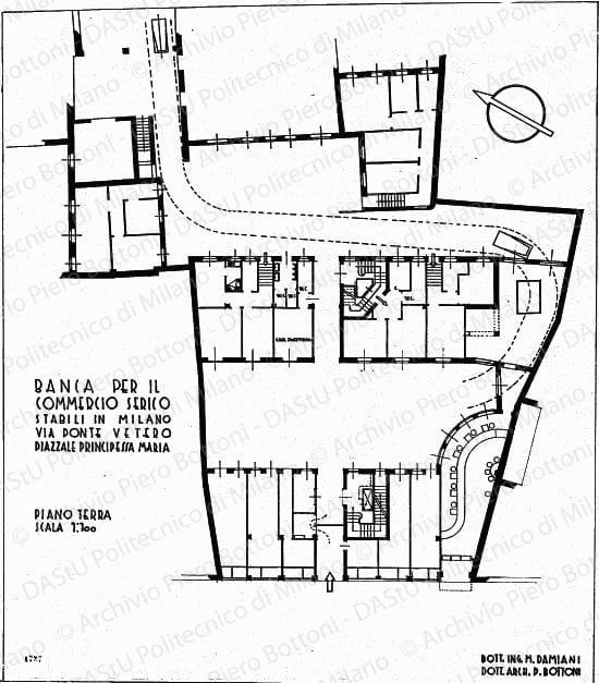 Banca per il Commercio Serico, stabili in Milano via Ponte Vetero, piazzale Principessa Maria, pianta piano terra, scala 1:100, prot. 1737, s.d. China su lucido, cm 65,6x56,3. 