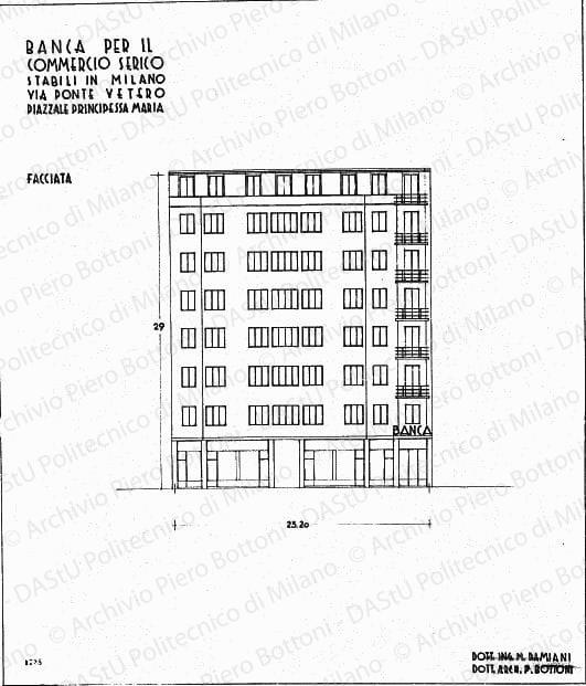 Banca per il Commercio Serico, stabili in Milano via Ponte Vetero, piazzale Principessa Maria, facciata, scala 1:100, prot. 1738, s.d. China su lucido, cm 64,6x54,9. 