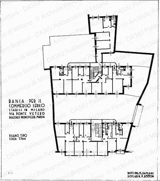Banca per il Commercio Serico, stabili in Milano via Ponte Vetero, piazzale Principessa Maria, pianta piano tipo, scala 1:100, prot. 1739, s.d. Matita su lucido, cm 64,8x56,4. 