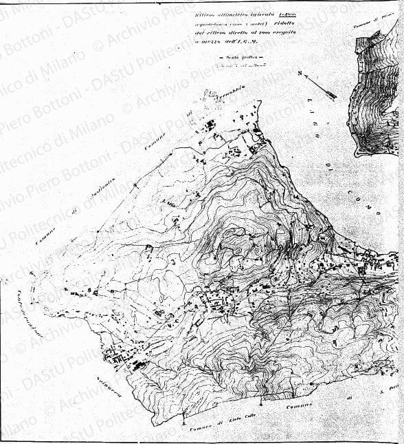 Rilievi su: Comune di Como, Ufficio tecnico, 1933-XI, rilievo altimetrico [?], planimetria, scala 1:5000, s.d. Matita su eliografia su carta, cm 94,0x184,6. 