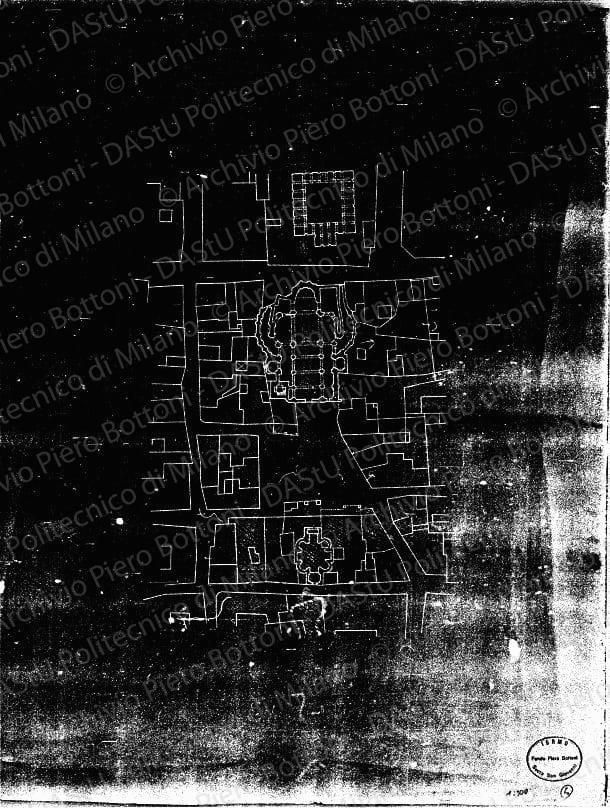 Rilievi su: Planimetria zona di S. Fedele, scala 1:500, s.d. Matita su eliografia su carta, cm 66,0x49,0. 