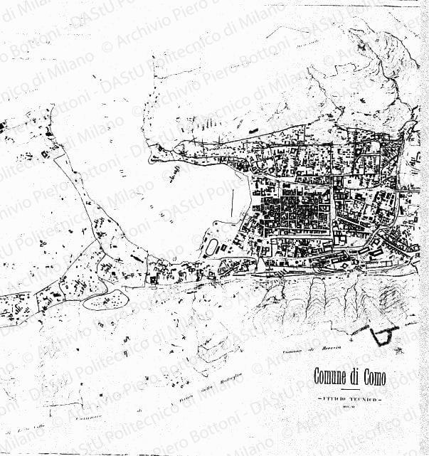 Rilievi su: Comune di Como, Ufficio tecnico, 1933-XI, rilievo altimetrico [?], planimetria, scala 1:5000, s.d. Matita e matite colorate su eliografia su carta, cm 94,5x181,0. 