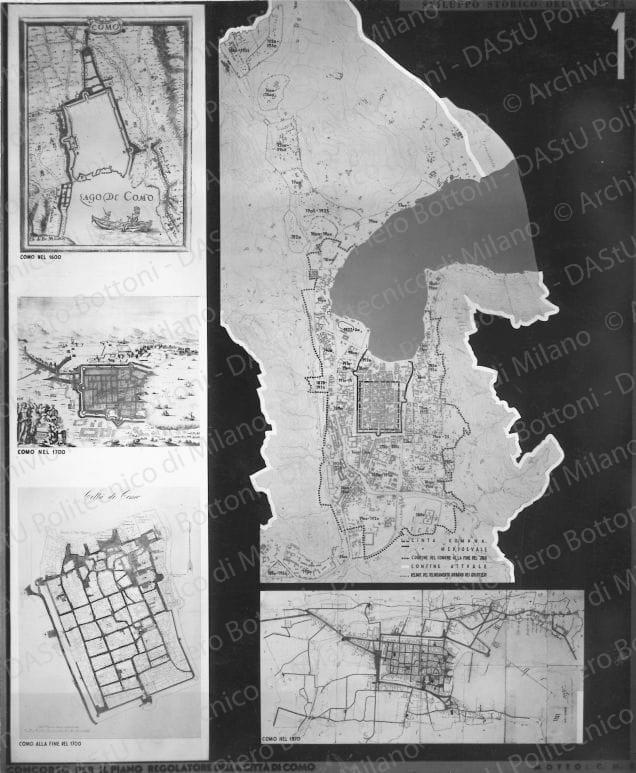 Riproduzione della tavola 1: 'Sviluppi dell'aggregato urbano, della rete viaria, e dei singoli quartieri nelle epoche successive', planimetrie. Positivo, bianco e nero, 196x161 mm, album giallo n.5, pag.72.
