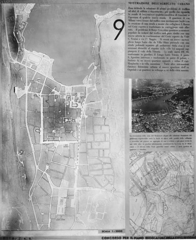Riproduzione della tavola 9: 'Sistemazione dell'aggregato urbano', planimetrie e fotografie. Positivo, bianco e nero, 200x163 mm, album giallo n.5, pag.78.