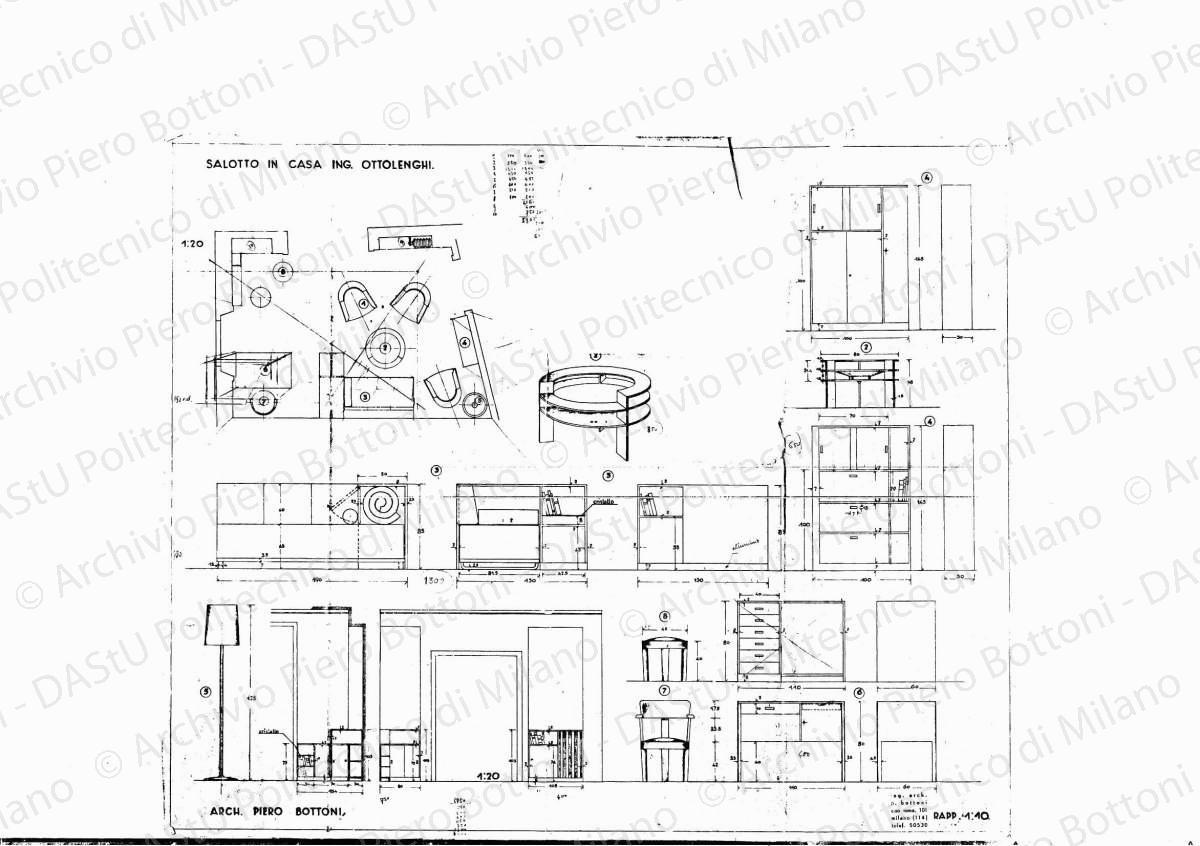Salotto in casa ing. Ottolenghi, pianta, prospetti e mobili, scala 1:10, 1:20, s.d. Eliografia su carta, cm 69,9 x 85,2. Correzioni e annotazioni a matita.