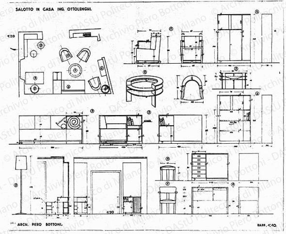 Salotto in casa Ottolenghi, arredamento e mobili, pianta e viste, scala 1:10, 1:20, prot. 1654, s.d. China e matita su lucido, cm 68,0x82,5.