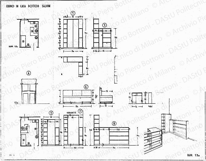 Studio in casa dottor Salvini, arredamento e mobili, pianta, sezioni e viste, scala 1:10, 1:20, 1:50, prot.1770, s.d. China e matita su lucido, cm 54, 4x69,3.