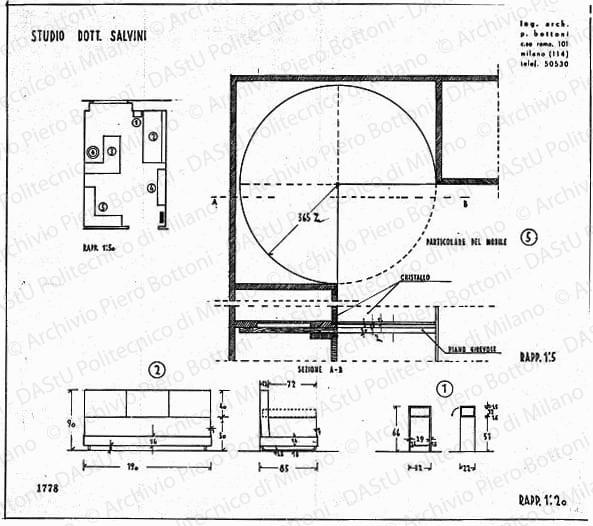 Studio dott. Salvini, arredamento e mobili, pianta, sezioni, viste e particolare, scala 1:1, 1:20, 1:50, prot.1778, s.d. China e matita su lucido, cm 38,6x44,0.