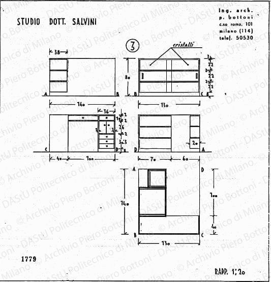 Studio dott. Salvini, scrivania-libreria, viste e sezioni, scala 1:20, prot. 1779, s.d. China e matita su lucido, cm 30,7x29,5.