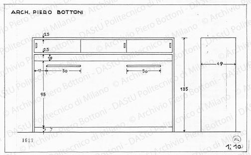 Letto ribaltabile, vista frontale e laterale, scala 1:10, prot. 1613, s.d. China su lucido, cm 21,6x35,0. 