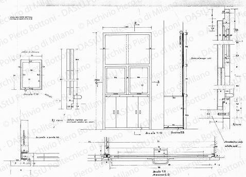 Mobile cucina, viste, sezioni e particolari, scala 1:1, 1:2, 1:10, s.d. China e matita su lucido, cm 51,2x73,0. 