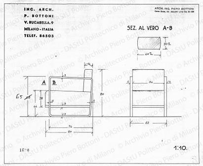 Poltrona, vista frontale e laterale, sezione, scala 1:1, 1:10, prot. 1630, s.d. China e matita su lucido, cm 27,5x33,5. 