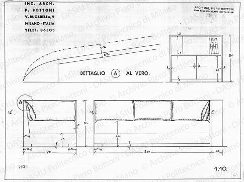 Divano e mobiletto, viste e dettaglio, scala 1:1, 1:10, prot. 1635, s.d. China su lucido, cm 30,7x40,4. 