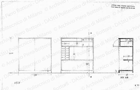 Mobiletto, viste e sezione, scala 1:10, prot. 1639, s.d. Matita su lucido, cm 24,8x39,4. 