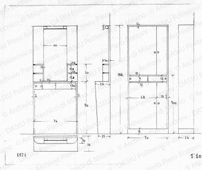 Mobile bagno, viste, scala 1:10, prot. 1674, s.d. Matita su lucido, cm 27,5x36,8. 