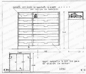 Scarpiera, viste e sezione, scala 1:10, prot. 1696, s.d. Matita su lucido, cm 19,7x23,3. 