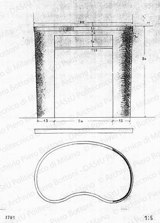 Tavolino, pianta, sezione e vista frontale, scala 1:5, prot. 1706, s.d. Matita su lucido, cm 41,2x30,7. 