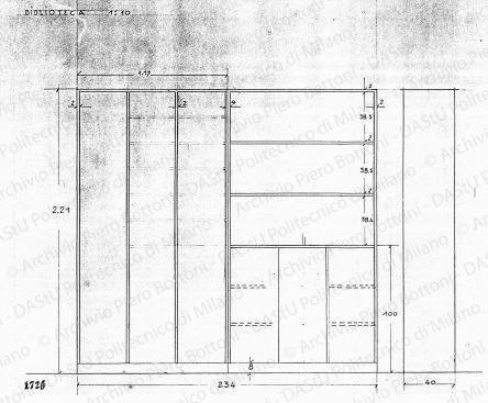 Libreria, vista frontale e laterale, scala 1:10, prot. 1726, s.d. Matita su lucido, cm 32,6x40,8.