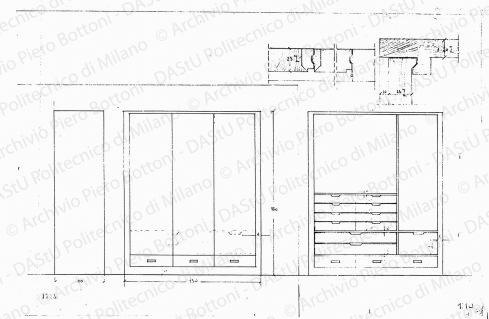 Armadio, viste e dettagli, scala 1:10, prot. 1728, s.d. China rossa e matita su lucido, cm 34,2x52,0. 