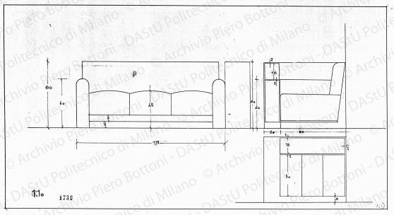 Divano e mobiletto, viste, scala 1:10, prot. 1730, s.d. China su lucido, cm 26,0x48,0. 