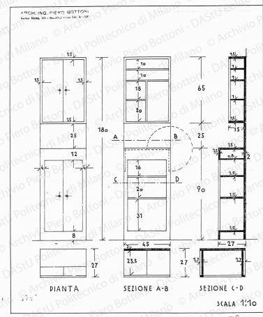 Mobile cucina, pianta, sezioni e viste, scala 1:10, prot. 1762, s.d. China e matita su lucido, cm 30,7x26,5. 