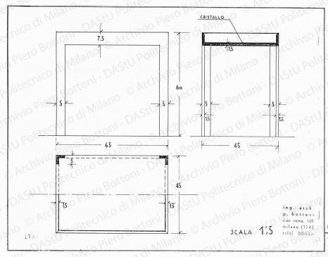 Tavolo, pianta, sezioni e vista, scala 1:5, prot. 1779, s.d. China e matita su lucido, cm 28,3x36,8. 