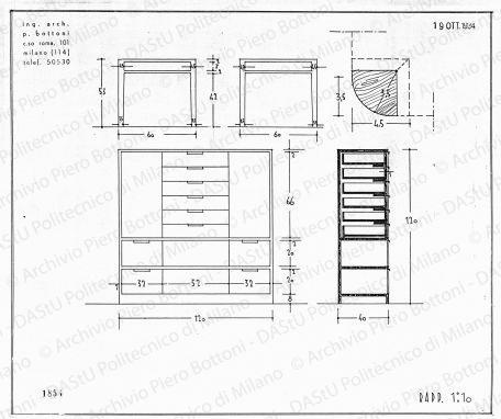 Cassettiera e tavolino, viste, sezione e dettaglio, scala 1:1, 1:10, prot. 1854, 19 ottobre 1934. China e matita su lucido, cm 32,2x38,5. 