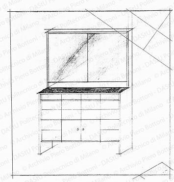Mobile per scarpe, assonometria, scala 1:10, s.d. Matita su lucido, cm 25,3x24,5. 