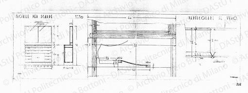 Mobile per scarpe, vista frontale, sezione e particolari, scala 1:1, 1.10, prot. 1865, 13 novembre 1934. Matita su lucido, cm 31,0x103,0. 