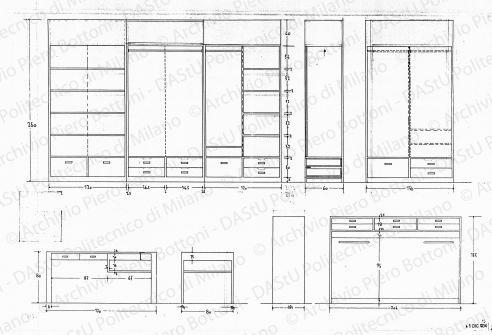 Arredamento e mobili camera da letto, pianta, viste e sezioni, scala 1.10, 1:50, prot. 1875, 1 dicembre 1934. China e matita su lucido, cm 52,2x73,4. 