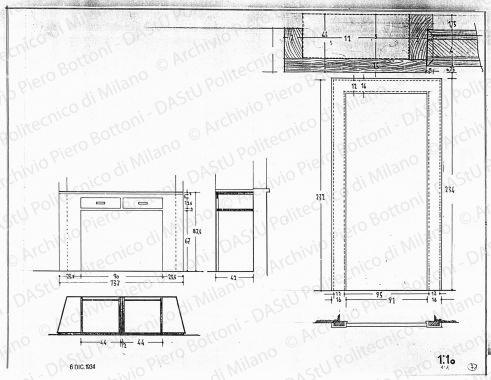 Mobile sottofinestra, vista, sezioni e particolare, scala 1:10, 6 dicembre 1934. China e matita su lucido, cm 40,9x53,3. 