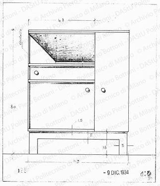 Mobile soggiorno, vista frontale, scala 1:5, prot. 1880, 9 dicembre 1934. China e matita su lucido, cm 23,2x19,9. 