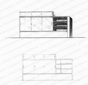 Mobile soggiorno, viste, scala 1:20, s.d. Matita su lucido, cm 19,7x17,3. 