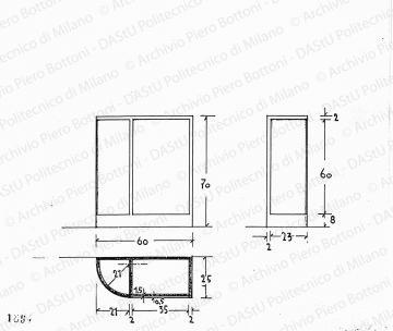 Mobiletto cucina, pianta, vista frontale e laterale, scala 1:10, prot. 1894, s.d. China e matita su lucido, cm 22,0x25,6. 