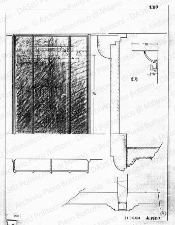 Mobile attaccapanni, vista e particolari, scala 1:1, 1:5, prot. 190[?], 21 dicembre 1934. China e matita su lucido, cm 47,0x35,3. 