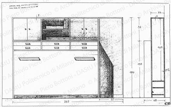 Mobile-letto, vista frontale e sezione, scala 1:10, prot. 1999, s.d. China e matita su lucido, cm 24,3x39,7. 