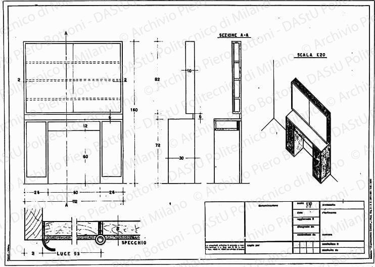 Toilette, viste, sezione, assonometria e particolare, scala 1:1, 1:10, 1:20, s.d. China e matita su lucido, cm 32,2x44,8. 