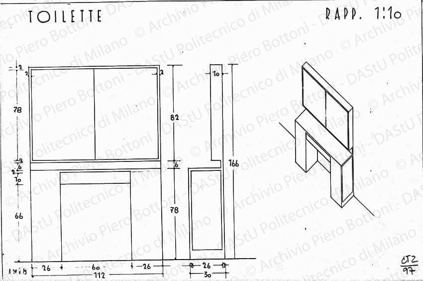 Toilette, vista frontale e laterale, assonometria, scala 1:10, prot. 1978, s.d. China su lucido, cm 24,8x37,0. 