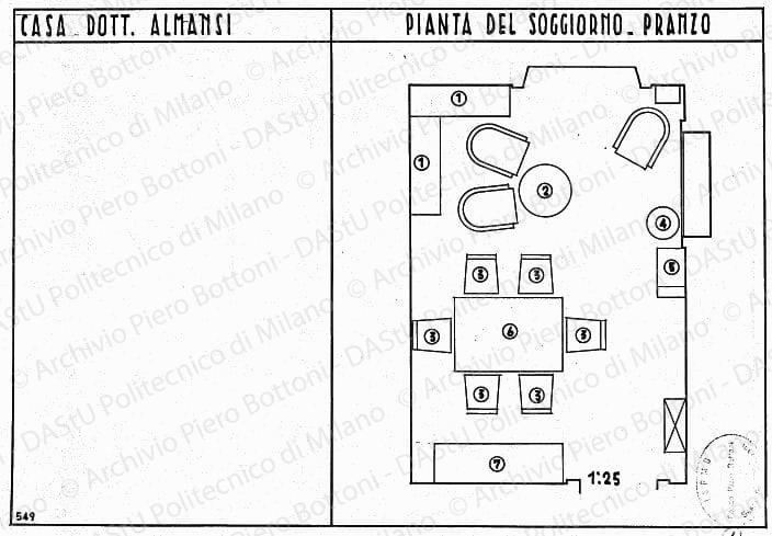 Casa dott. Almansi, pianta del soggiorno-pranzo, scala 1:25, s.d. China su lucido, cm 26,0x35,6. 