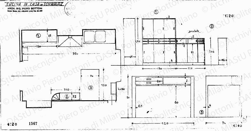 Cucina in casa dr. Schwarz, pianta e viste dei mobili, scala1:10, 1:20, prot. 1567, s.d. Matita su lucido, cm 25,0x48,5.