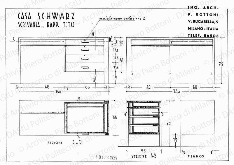 Casa Schwarz, scrivania, viste e sezioni, scala 1:10, prot. 2069, 18 febbraio 1936. China e matita su lucido, cm 24,9x36,0. 