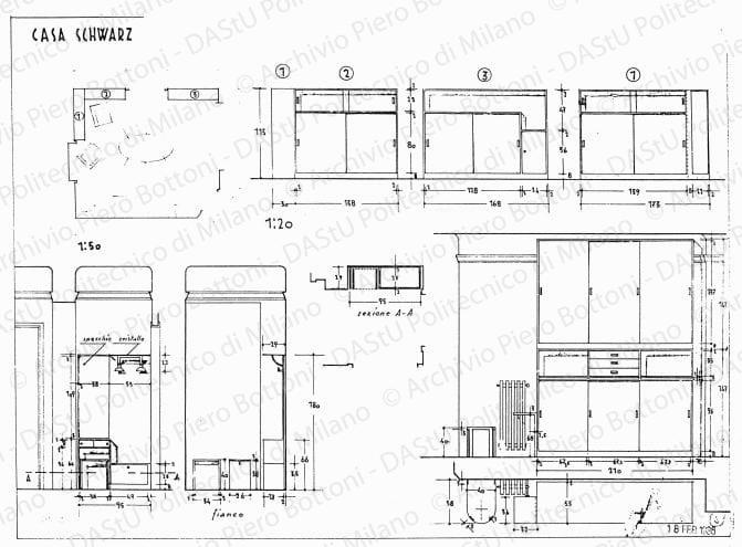 Casa Schwarz, soggiorno-pranzo, arredamento e mobili, piante, viste e sezioni, scala 1:20, 1:50, prot. 2072, 18 febbraio 1936. China e matita su lucido, cm 32,6x47,6. 