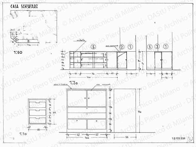 Casa Schwarz, soggiorno, arredamento e mobili, pianta e viste, scala 1:20, 1:50, prot. 2073, 18 febbraio 1936. China e matita su lucido, cm 35,6x49,2. 