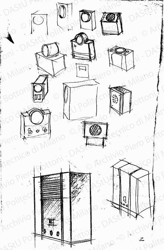 Schizzi vari e studio di apparecchio radio Superetta, s.d. Matita su carta, cm 50,7x29,3. 