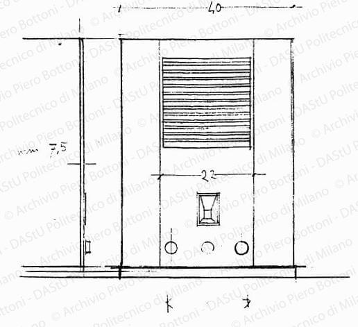 Studio apparecchio radio Superetta, vista frontale, scala 1:5, s.d. Matita su lucido, cm 18,8x15,7.