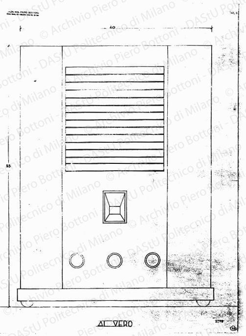 Apparecchio radio Superetta, vista frontale, scala 1:1, prot. 1500, s.d. Matita su lucido, cm69,0x50,4. 
