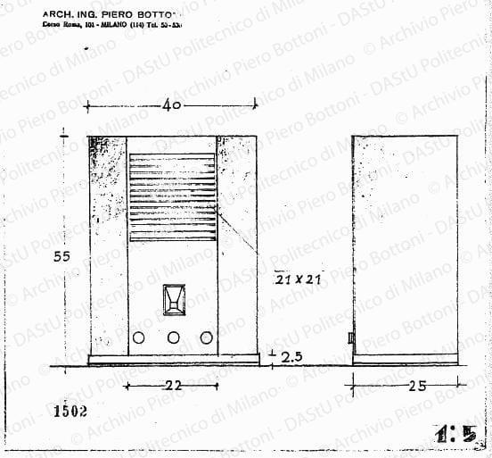 Apparecchio radio Superetta, vista frontale e laterale, scala 1:5, prot. 1502, s.d. Matita su lucido, cm 21,8x23,2. 
