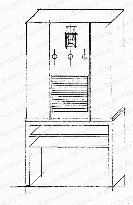 Studio apparecchio radio con mobile, assonometria, scala 1:5, s.d. Matita su lucido, cm 26,8x13,0.