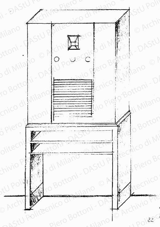 Studio di apparecchio radio con mobile, assonometria, scala 1:5, s.d. Matita su lucido, cm24,8x17,4. 